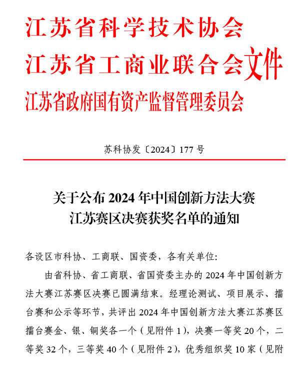 关于公布2024年中国创新方法大赛江苏赛区决赛获奖名单的通知